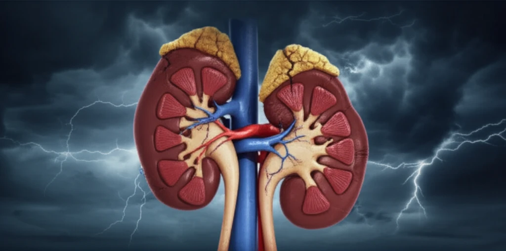 A surreal illustration depicting the interconnectedness of heart and kidney health, symbolizing the increased risks associated with atrial fibrillation and declining kidney function.