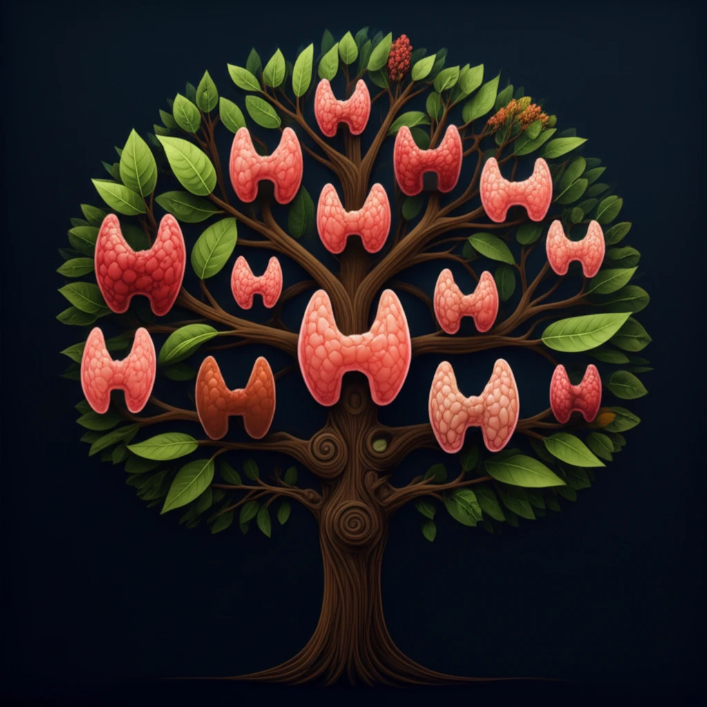 Family tree with thyroid gland leaves, representing the genetic link to thyroid cancer.