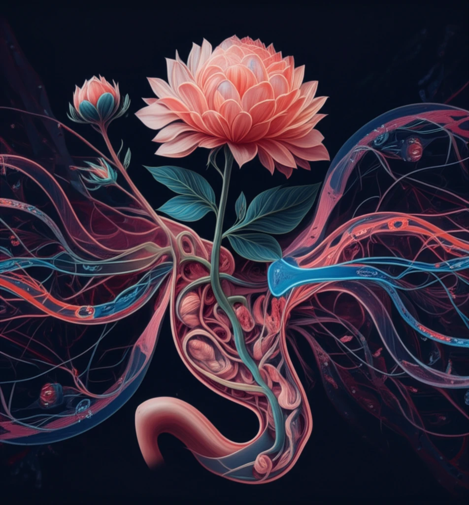 Esophageal GIST healing symbolized by a blooming flower within the esophagus.