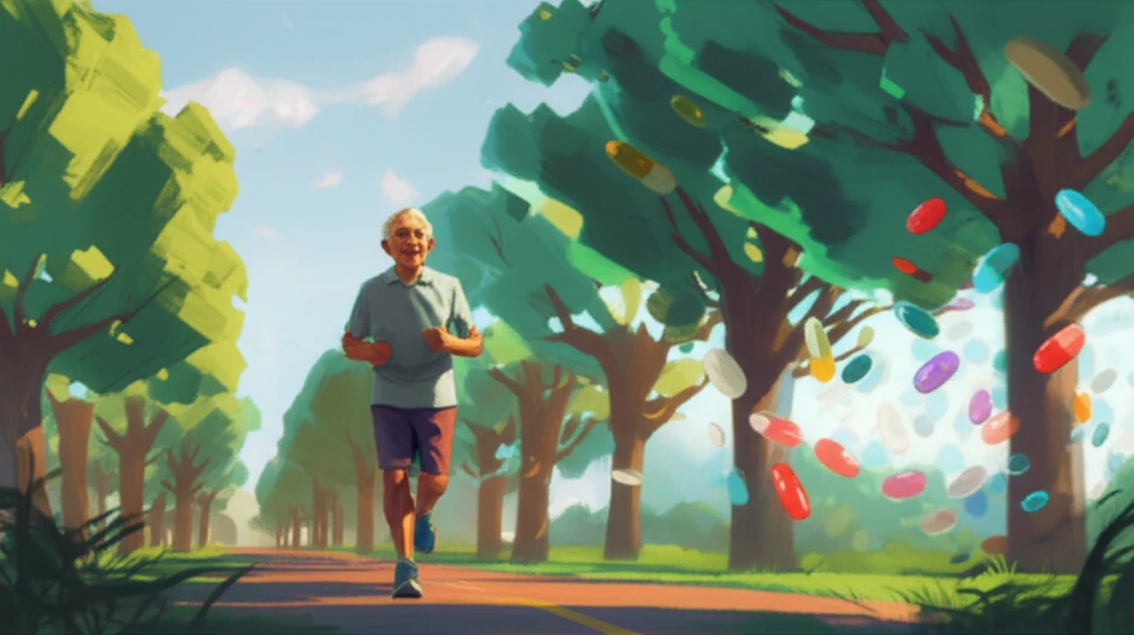 An elderly person happily jogging in a surreal, vibrant landscape, symbolizing the positive impact of fitness on reducing medication needs.