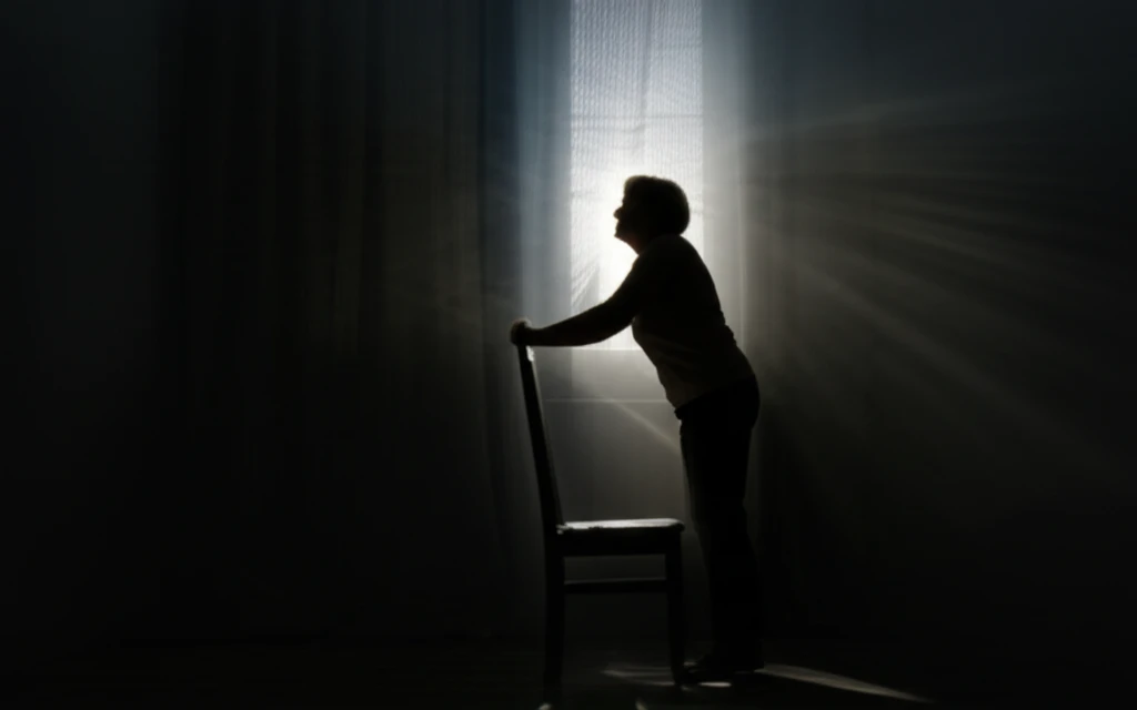 Older woman stands up from chair, light beams shining on her