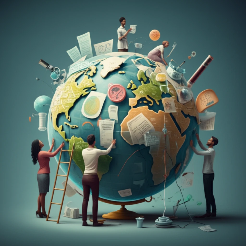Global health community collaboratively building a globe with research papers.