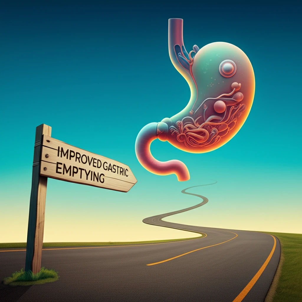 A surreal depiction of a digestive tract with a sign towards improved emptying.