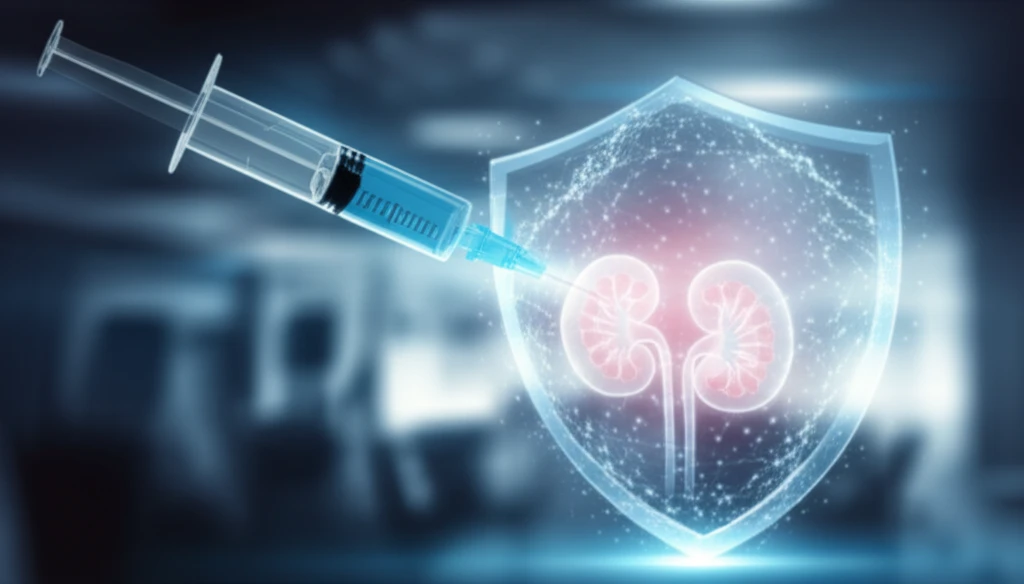 Futuristic illustration of a UTI vaccine protecting the urinary tract.