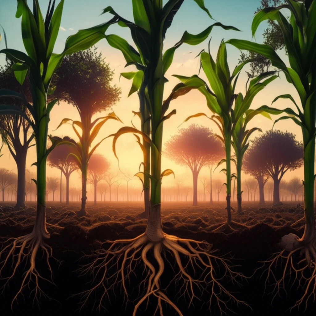 Corn field intercropped with Gliricidia trees at sunrise.