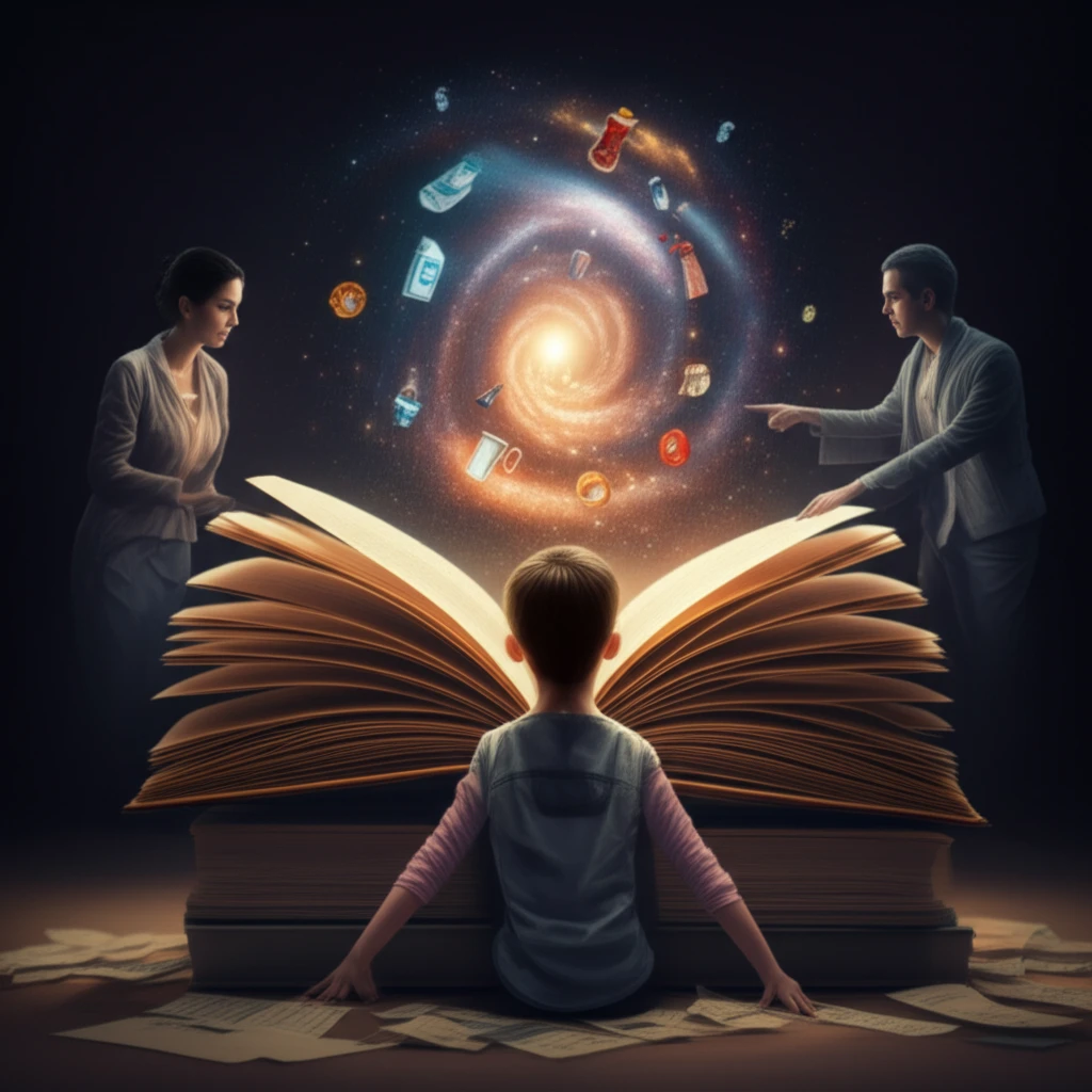 Child's mind opening to reveal a galaxy of drink information, guided by parents and teachers.