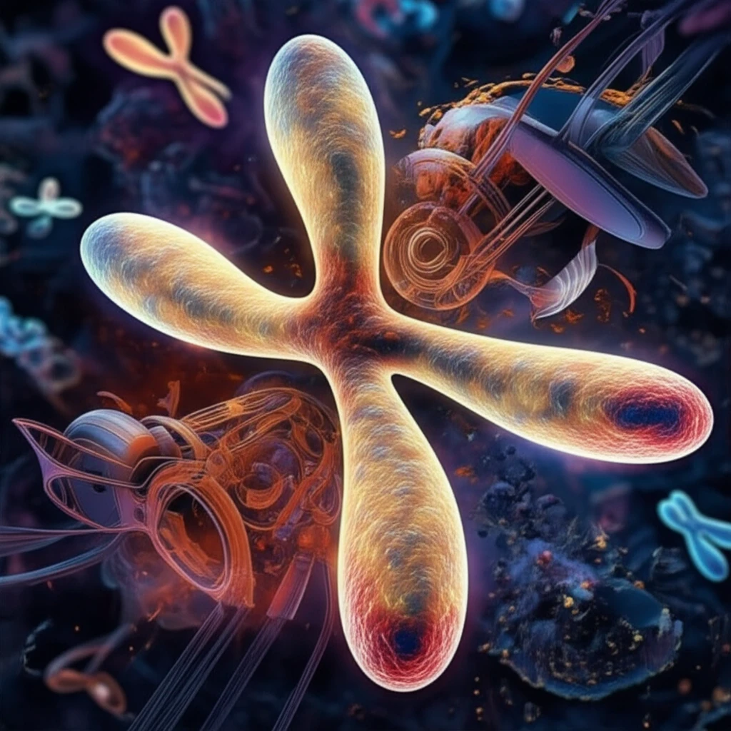 Surreal illustration of chromosome organization with condensin protein structures.