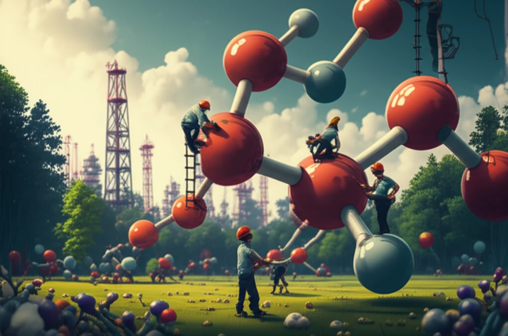 Enzymes building biopolyols to replace oil rigs in a surreal landscape.