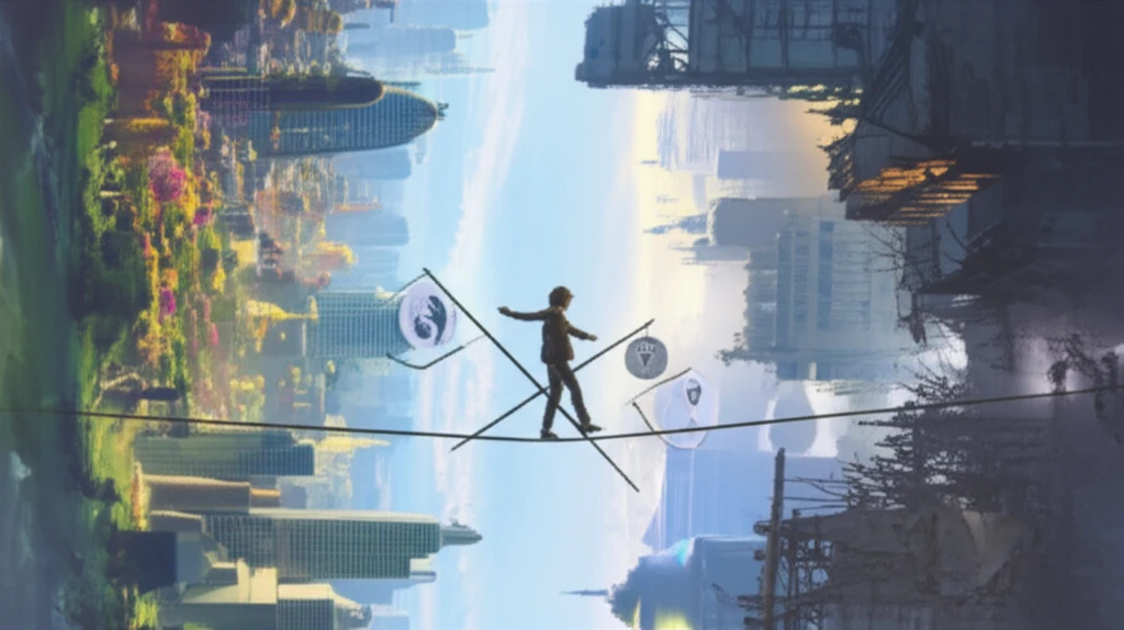 Surreal illustration of a person walking a tightrope representing the long-term management of schizophrenia.