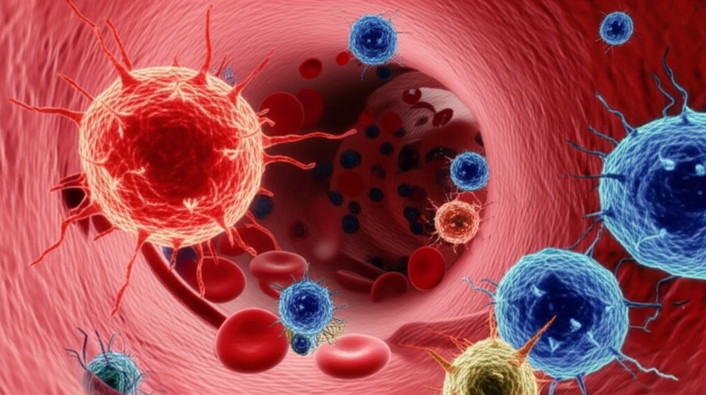 Immune cells battling fungal spores in a blood vessel, symbolizing mucormycosis.