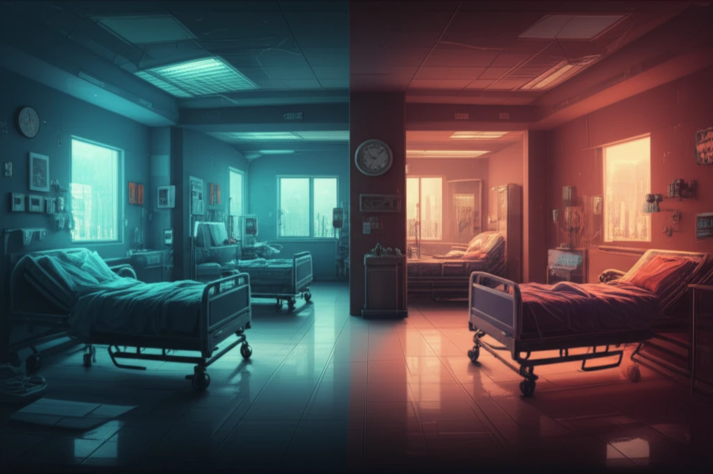 Symbolic illustration of divided hospital rooms representing cultural diversity and ethical challenges in healthcare.