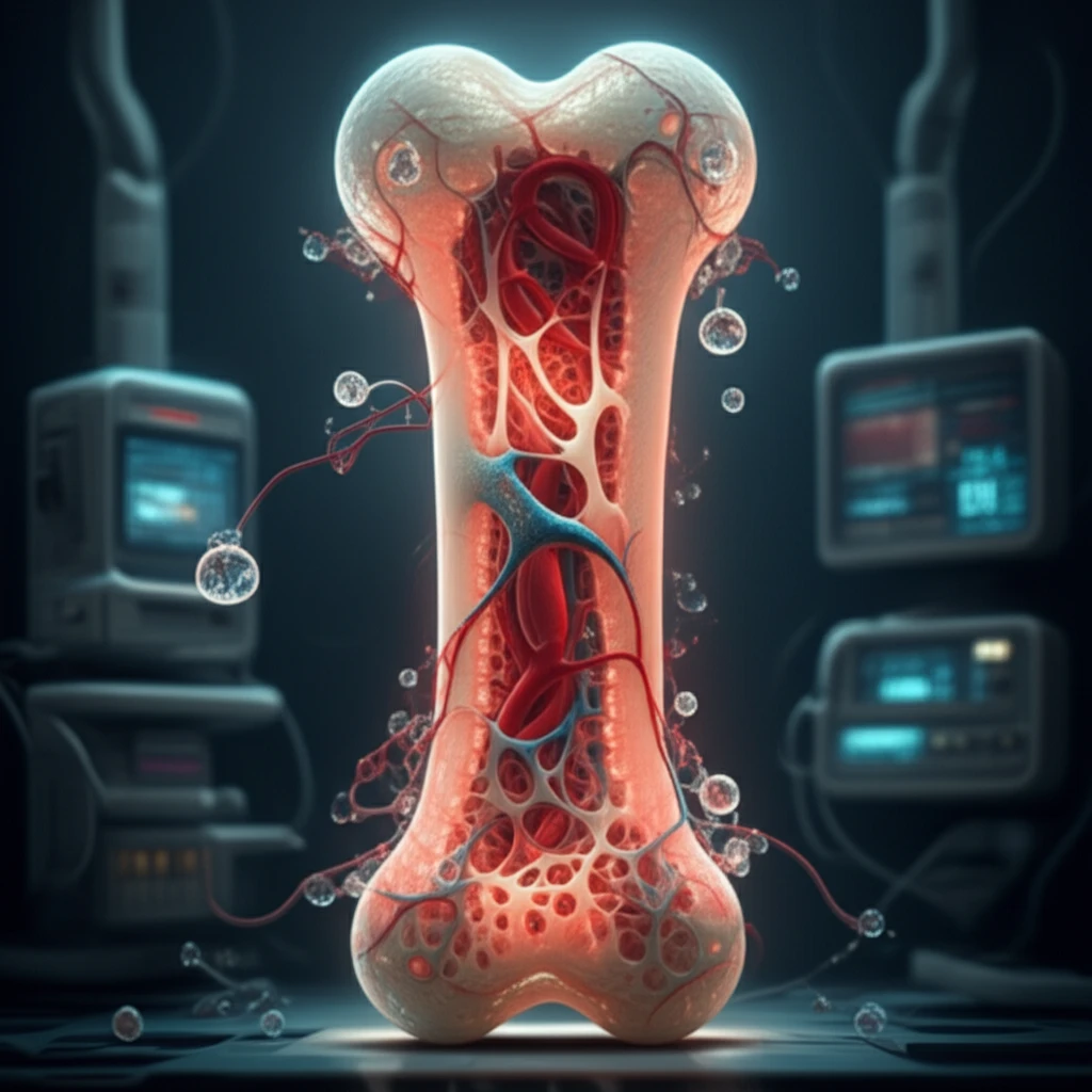 3D-printed bone scaffold with glowing blood vessels and hydrogels