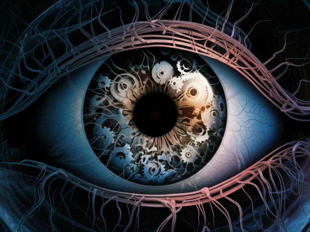 Illustration of eye blood vessels with emphasis on peripheral flow.