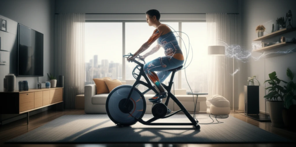Person with multiple sclerosis using a FES bike in a modern living room.