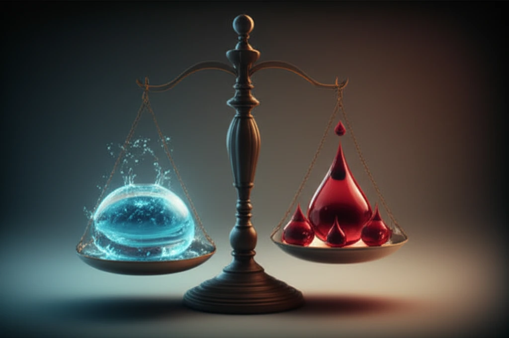 Balance scale showing the balance between intravenous fluids and blood clotting factors in postpartum hemorrhage management.