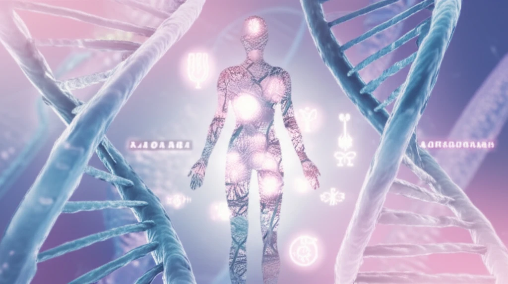 DNA strands forming human silhouette with endocrine symbols.