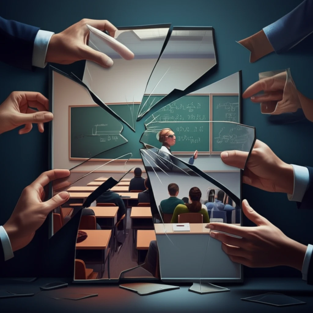Fractured mirror reflecting disconnected scenes of teacher training, symbolizing the need for integration and collaboration.