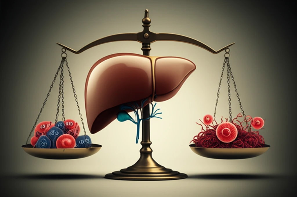 Surreal illustration depicting the balance of SRC-1 and SRC-3 proteins in a healthy liver versus the imbalance in liver cancer.