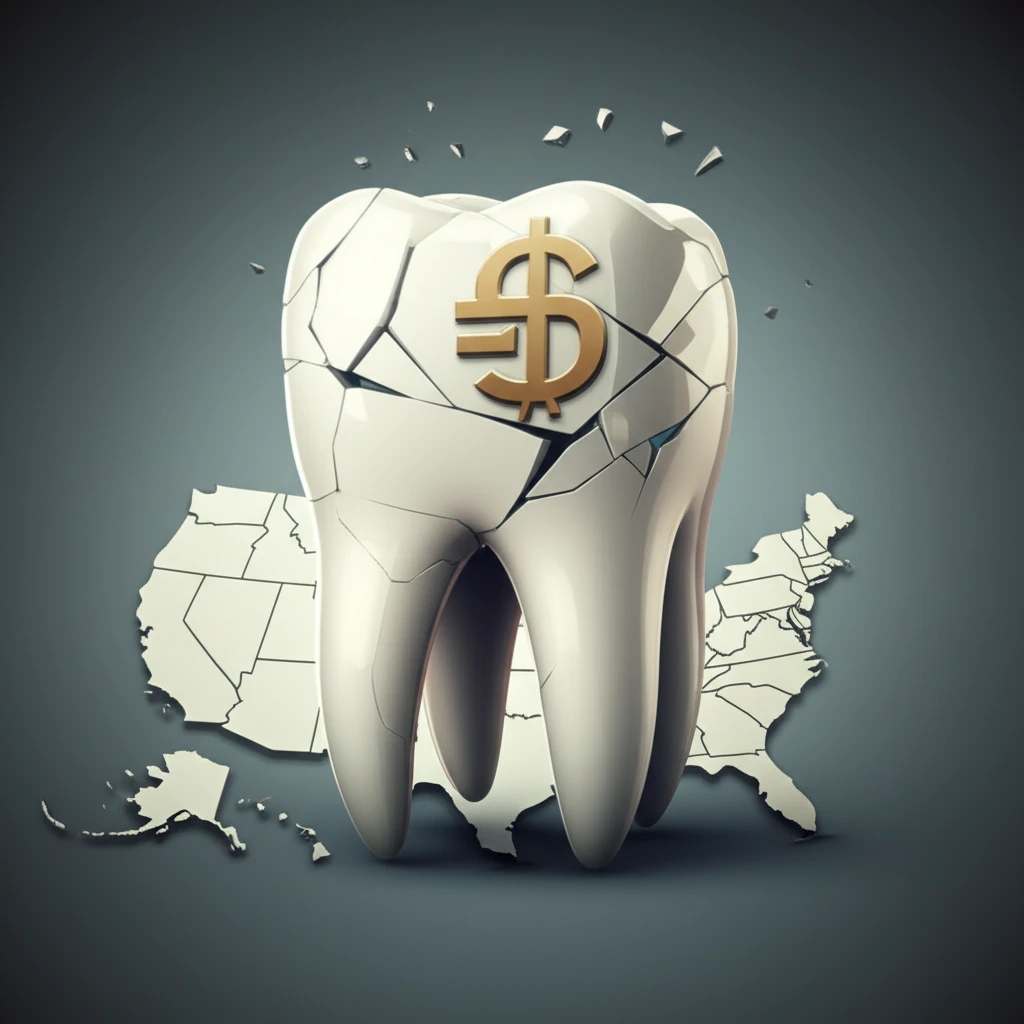 A fractured tooth pieced back together with a financial aid symbol representing Medicaid dental coverage.