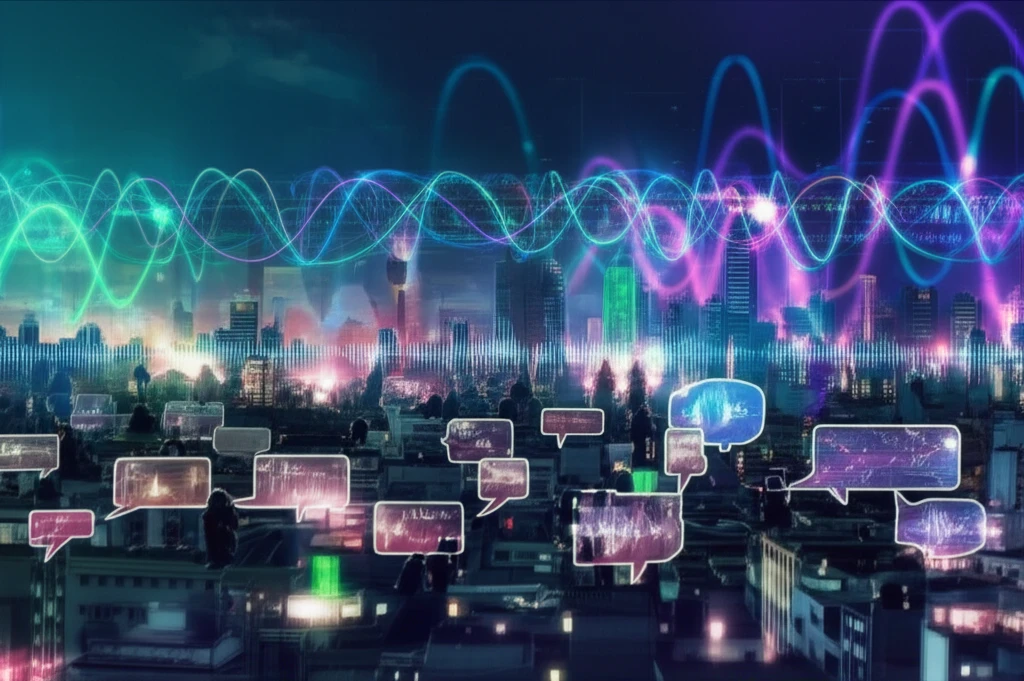 Brainwaves overlaying a cityscape symbolizing influence on speech