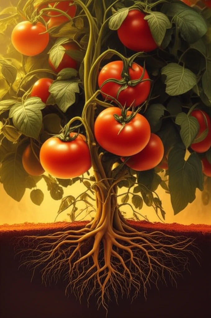 Thriving tomato plant with roots in potassium-rich soil, symbolizing a bountiful harvest.