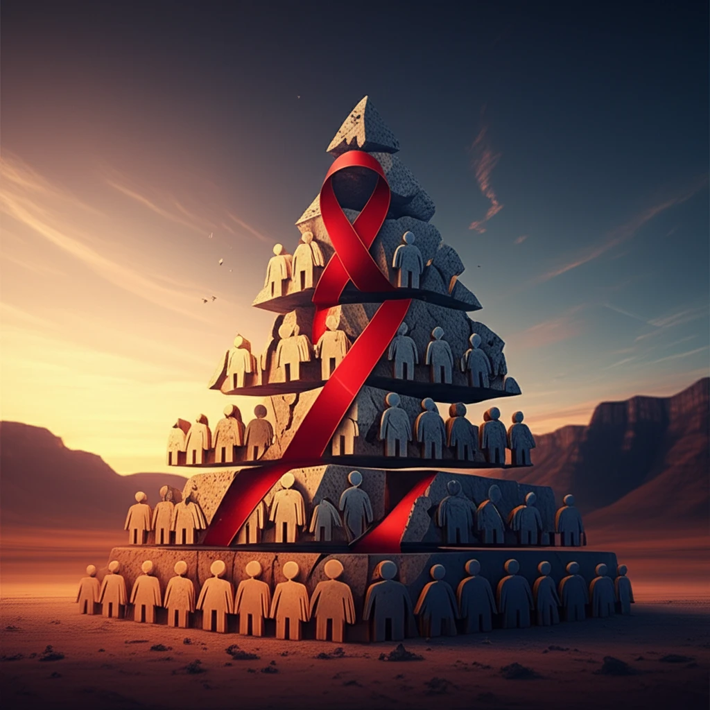 Fractured population pyramid of Lesotho with AIDS ribbon, symbolizing demographic impact.