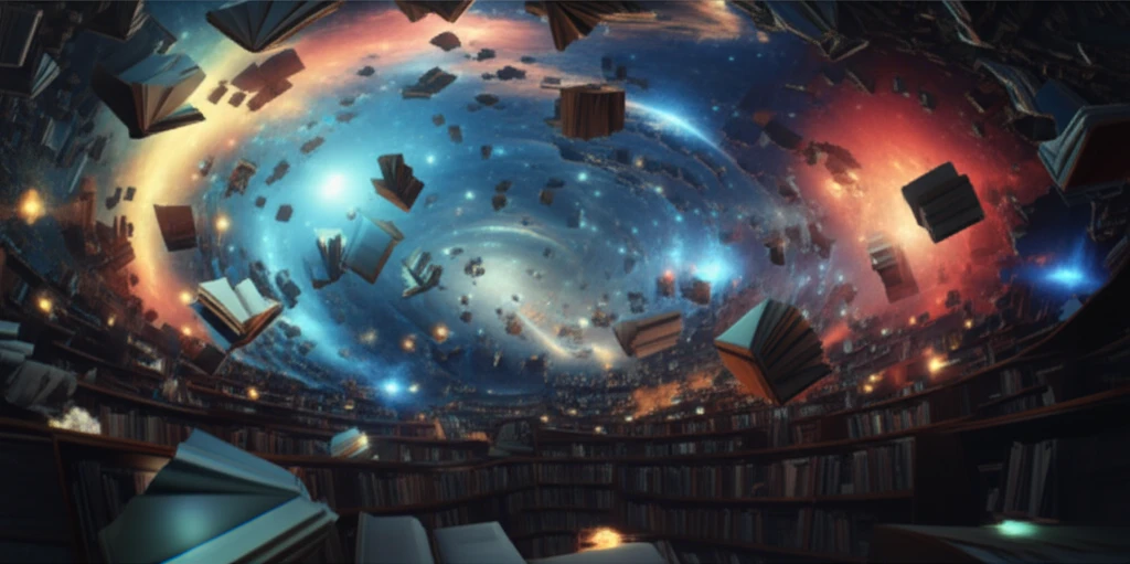 A vast library with books transforming into stars, symbolizing curiosity and discovery.