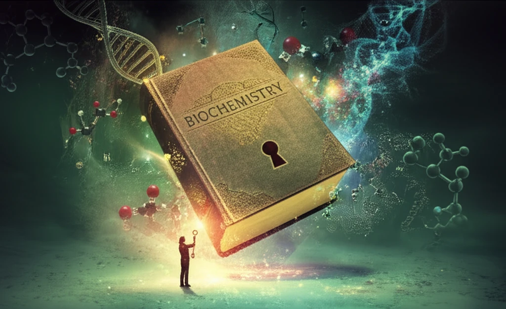 A person unlocking a Biochemistry book with a key.