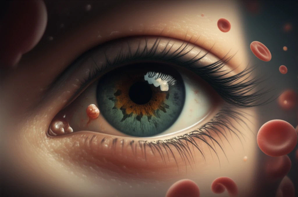 Illustration of an eye with a tumor on the eyelid, symbolizing a rare presentation of leukemia.