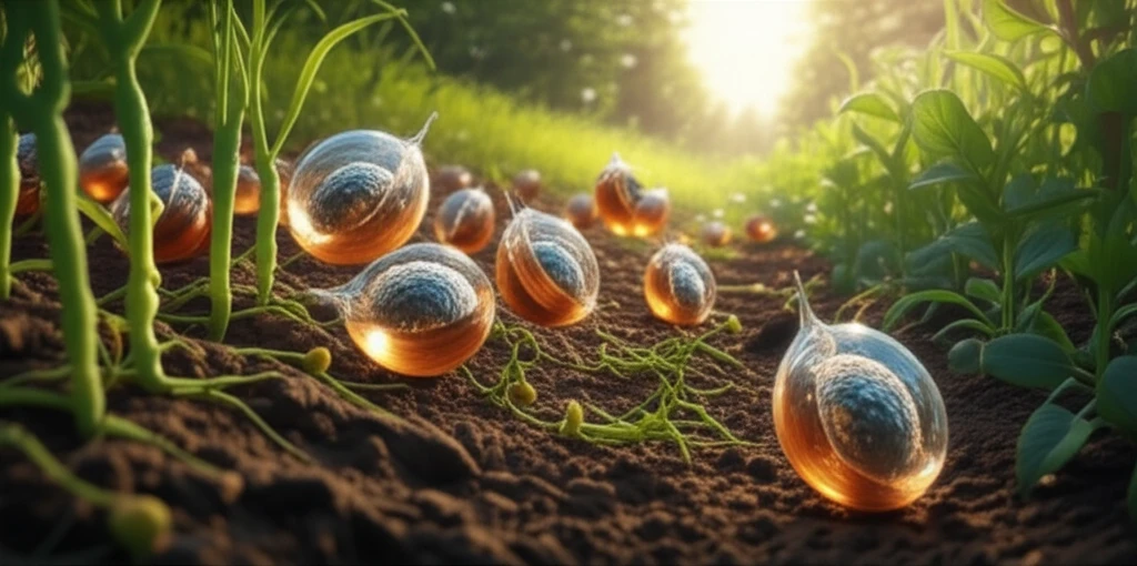 Seeds coated in chitosan-PEG film with Trichoderma fungi, symbolizing enhanced plant growth and protection.