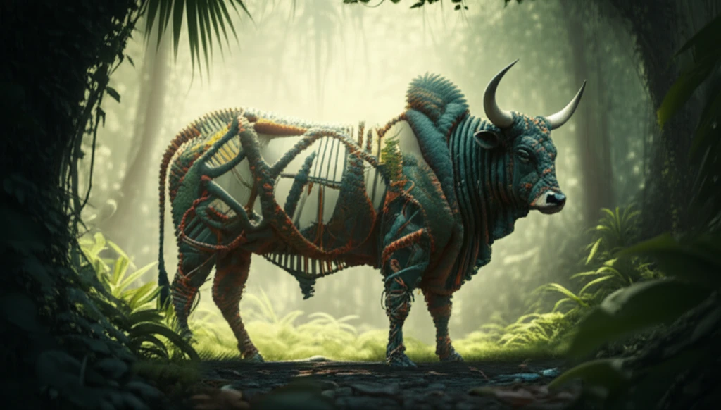 DNA strands forming a Zebu cattle shape in a tropical background.