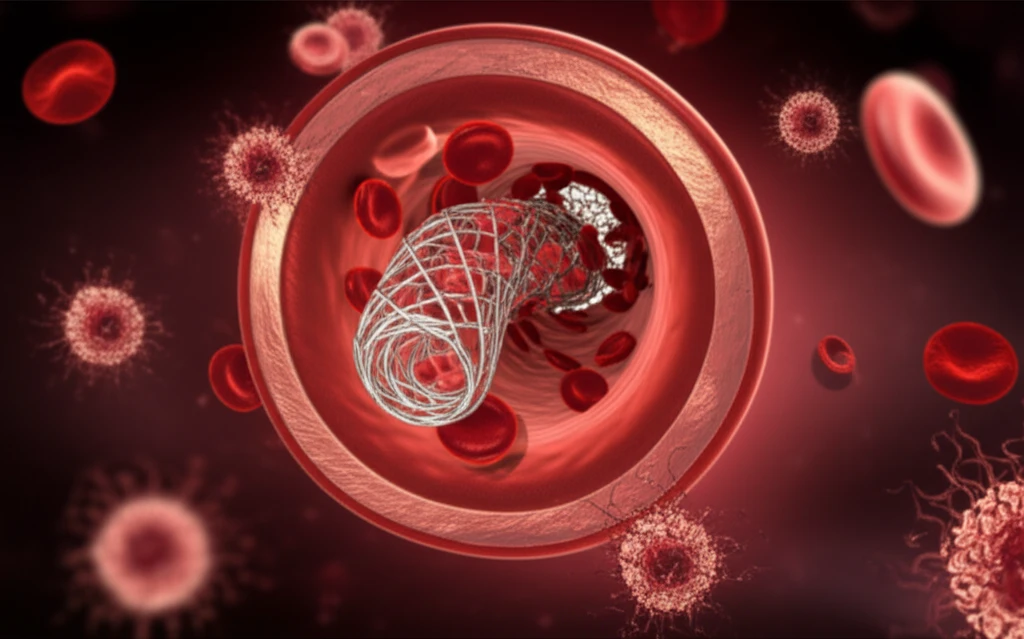 Stent graft in a blood vessel surrounded by dissolving cancer cells.
