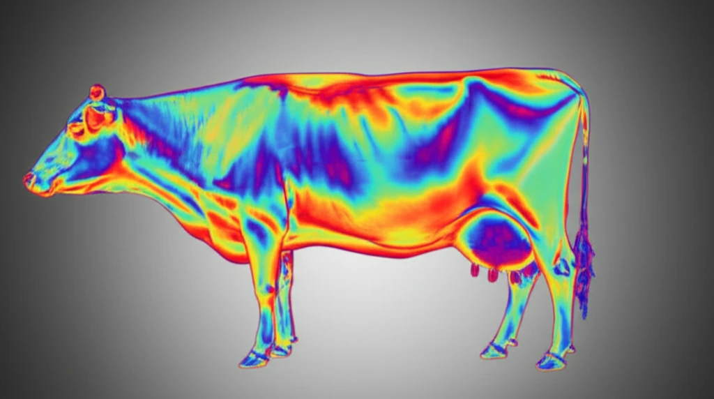 Infrared thermography image of a dairy cow's udder showing potential mastitis inflammation.
