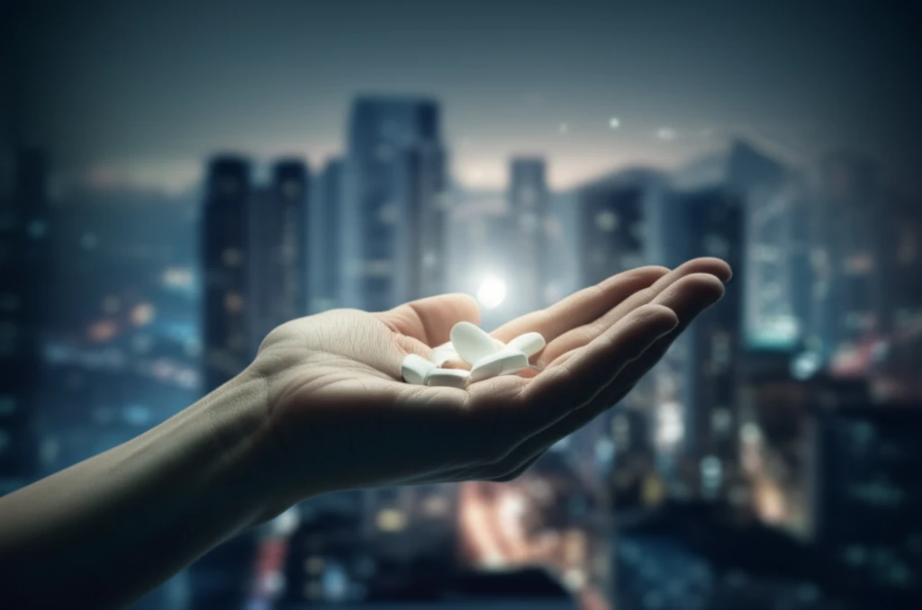 A person carefully balancing medications symbolizing the complexities of managing HIV and co-existing conditions.