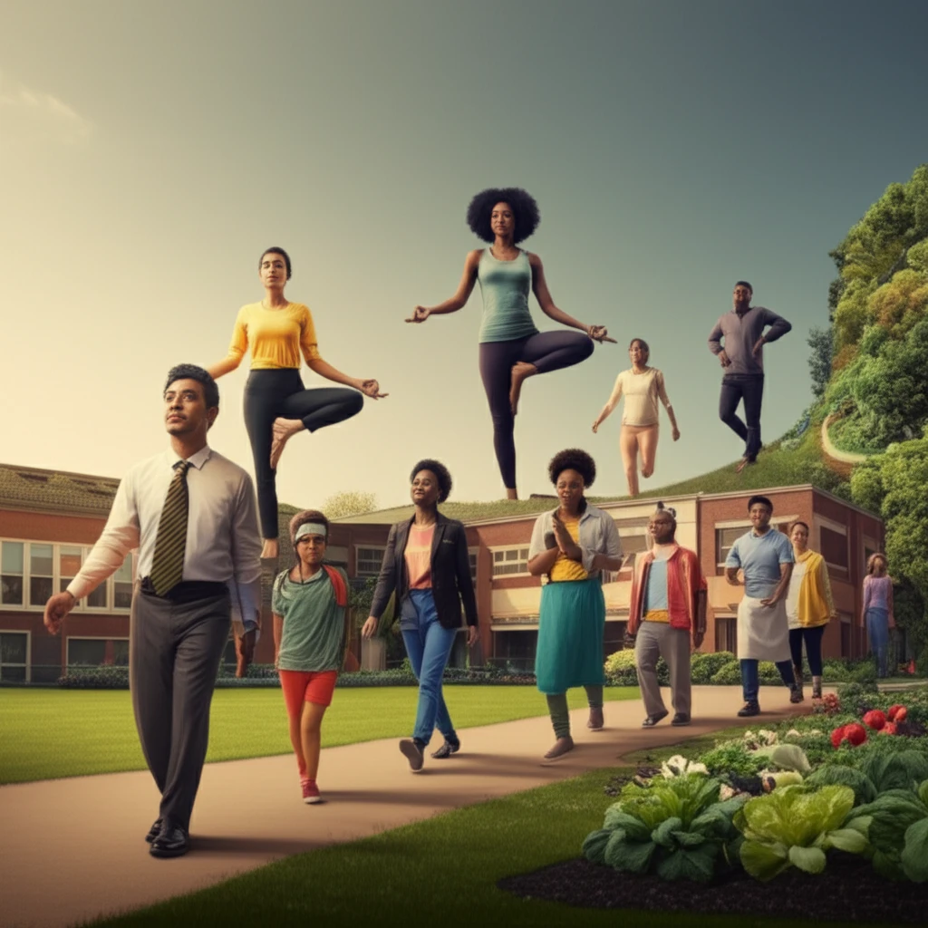 Diverse school staff participating in wellness activities, symbolizing health and community support.