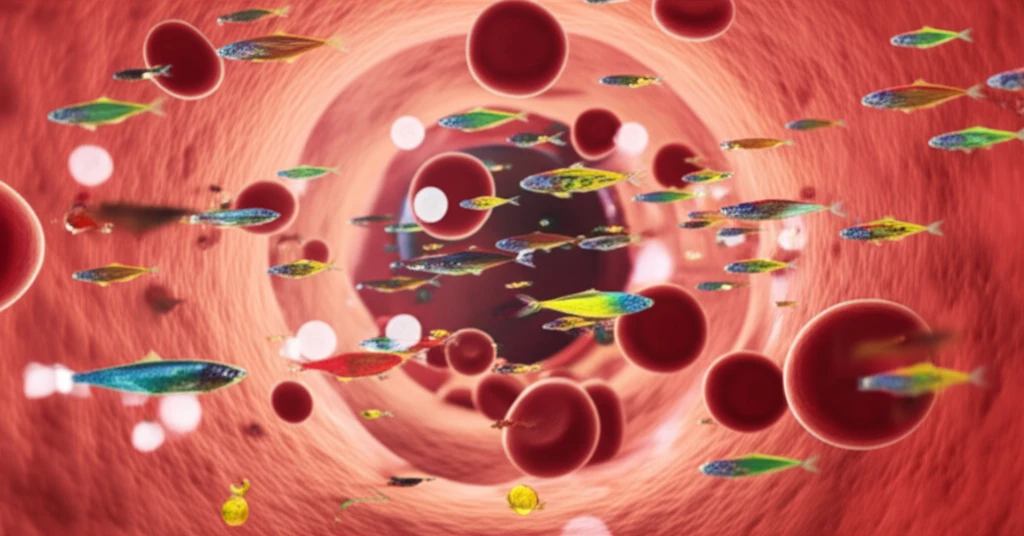 Microscopic view of fish oil molecules in bloodstream aiding cellular recovery.