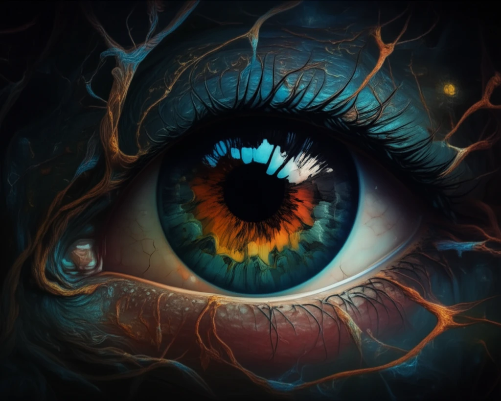 Surreal illustration of an eye connected to neural pathways.