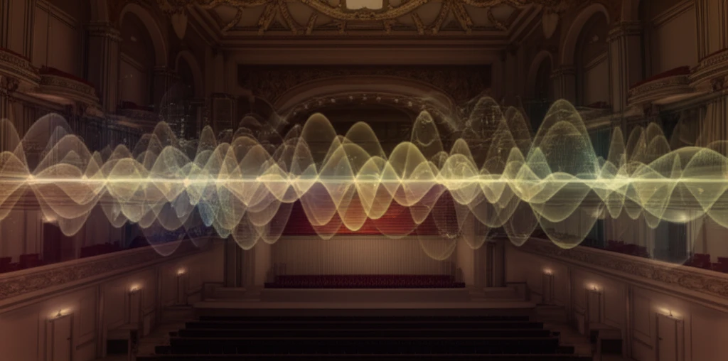Quantum Acoustics: Sound waves visualized as glowing quantum structures in a concert hall.