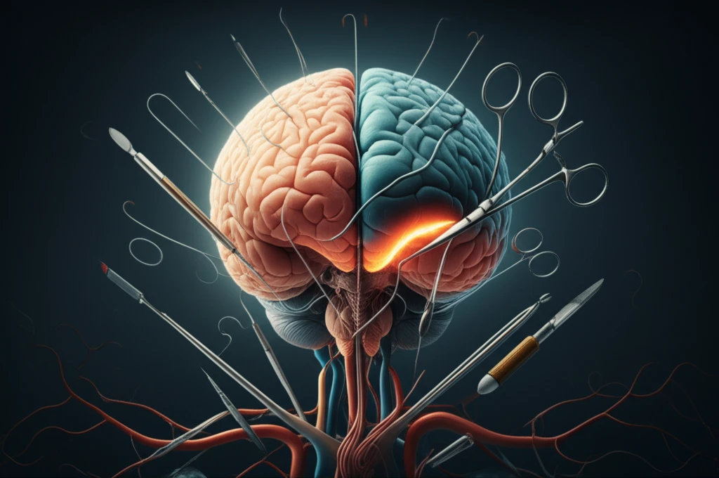 Brain intertwined with cardiovascular surgical tools, representing early detection and intervention.