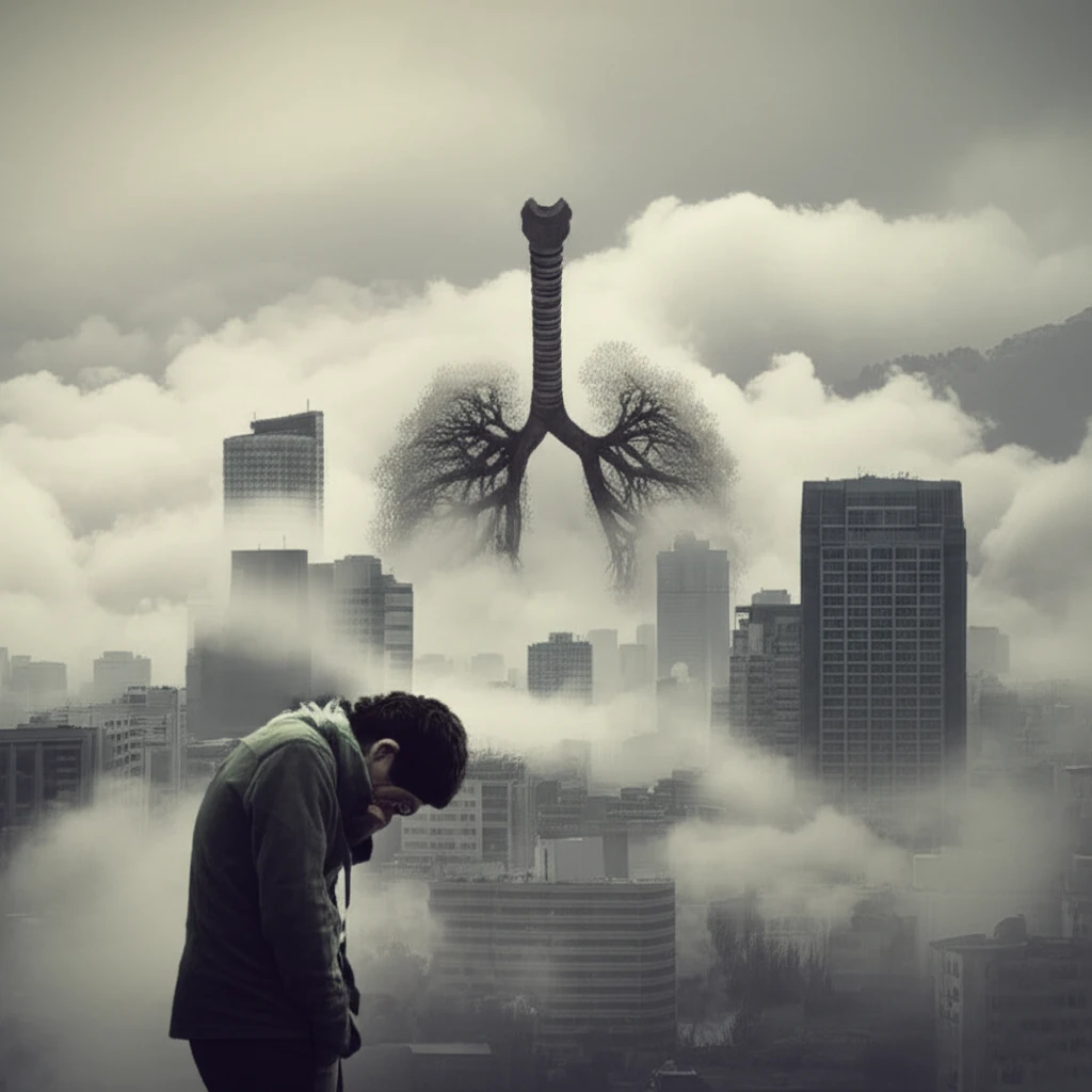 Person struggling to breathe in polluted Santiago, Chile. Lungs as smoggy trees.