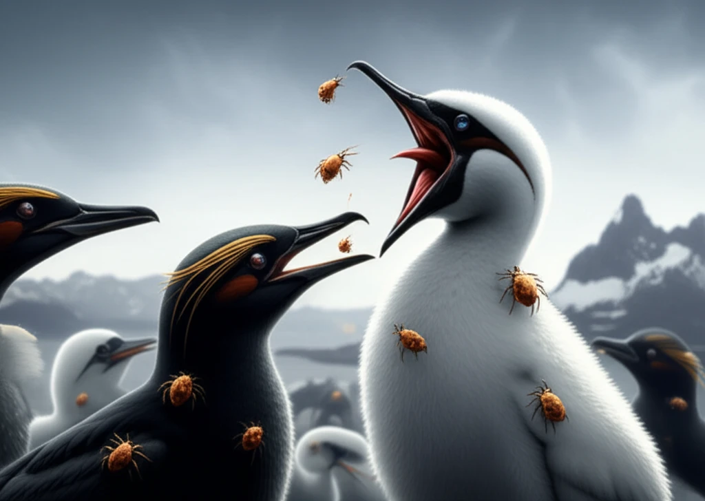 Illustration of Imperial Shag chicks infested with lice in Patagonia