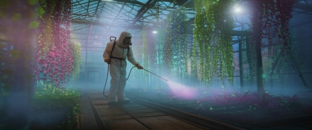 Greenhouse worker spraying plants with protective gear to minimize pesticide exposure
