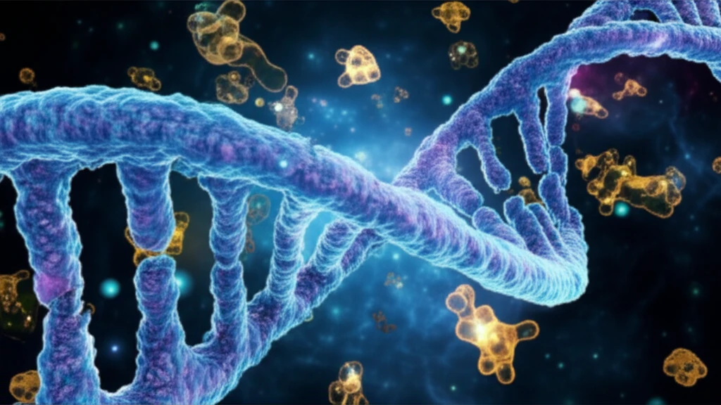 RNA strands intertwined with glowing proteins.
