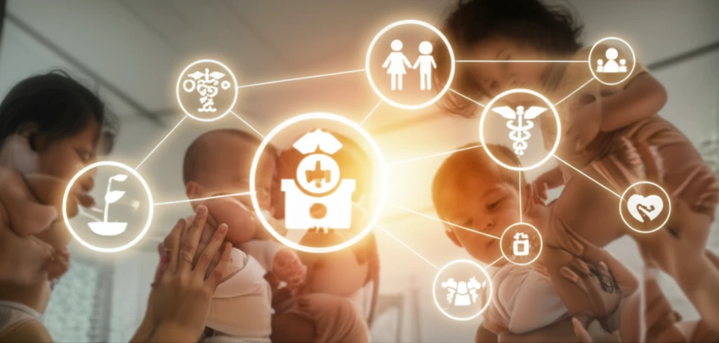 A network of support systems for infants, symbolizing public policy initiatives.