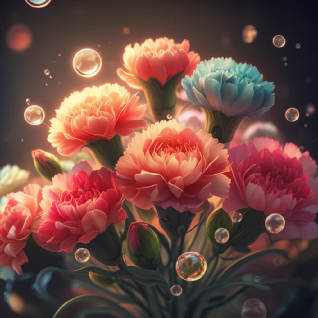 Vibrant carnations surrounded by essential oil droplets.