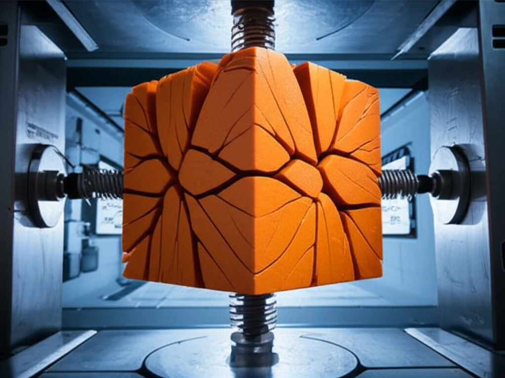 Hard foam material sample being tested under pressure.