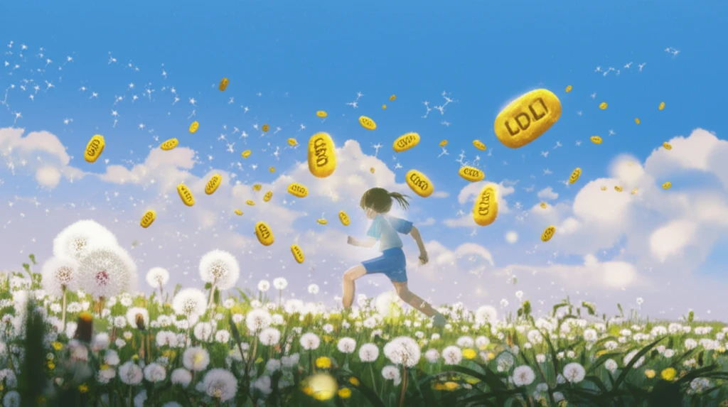 Child running in a field, dandelion seeds transforming into LDL cholesterol particles floating away.