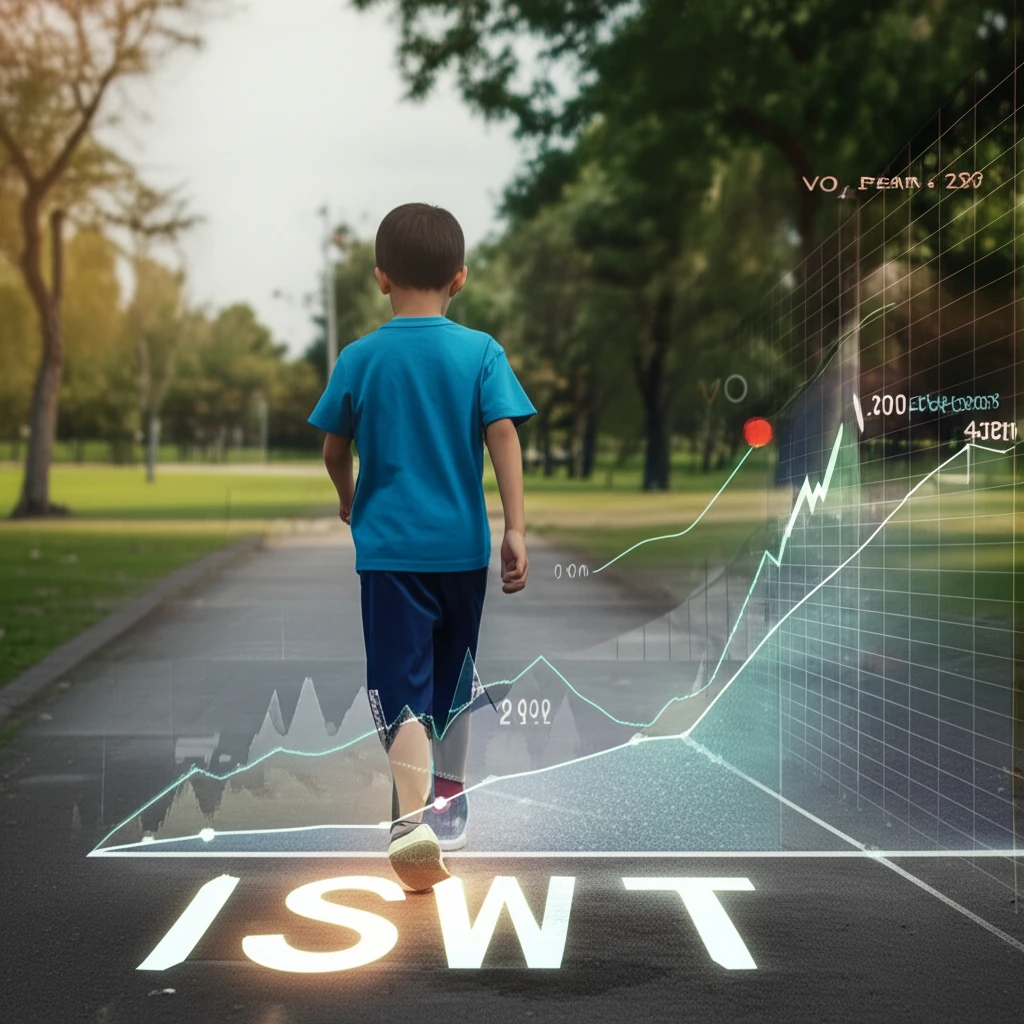 Illustration of a boy walking with a graph overlay, representing fitness prediction.