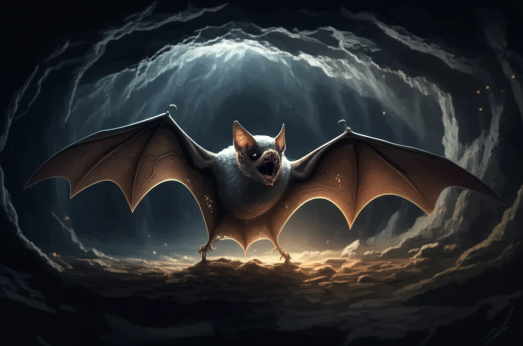 Bent-winged bat with glowing fungal network on wings in a cave