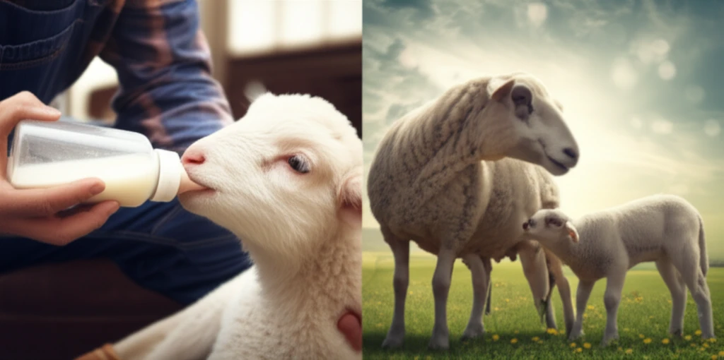 Lambs being raised with artificial and natural methods.